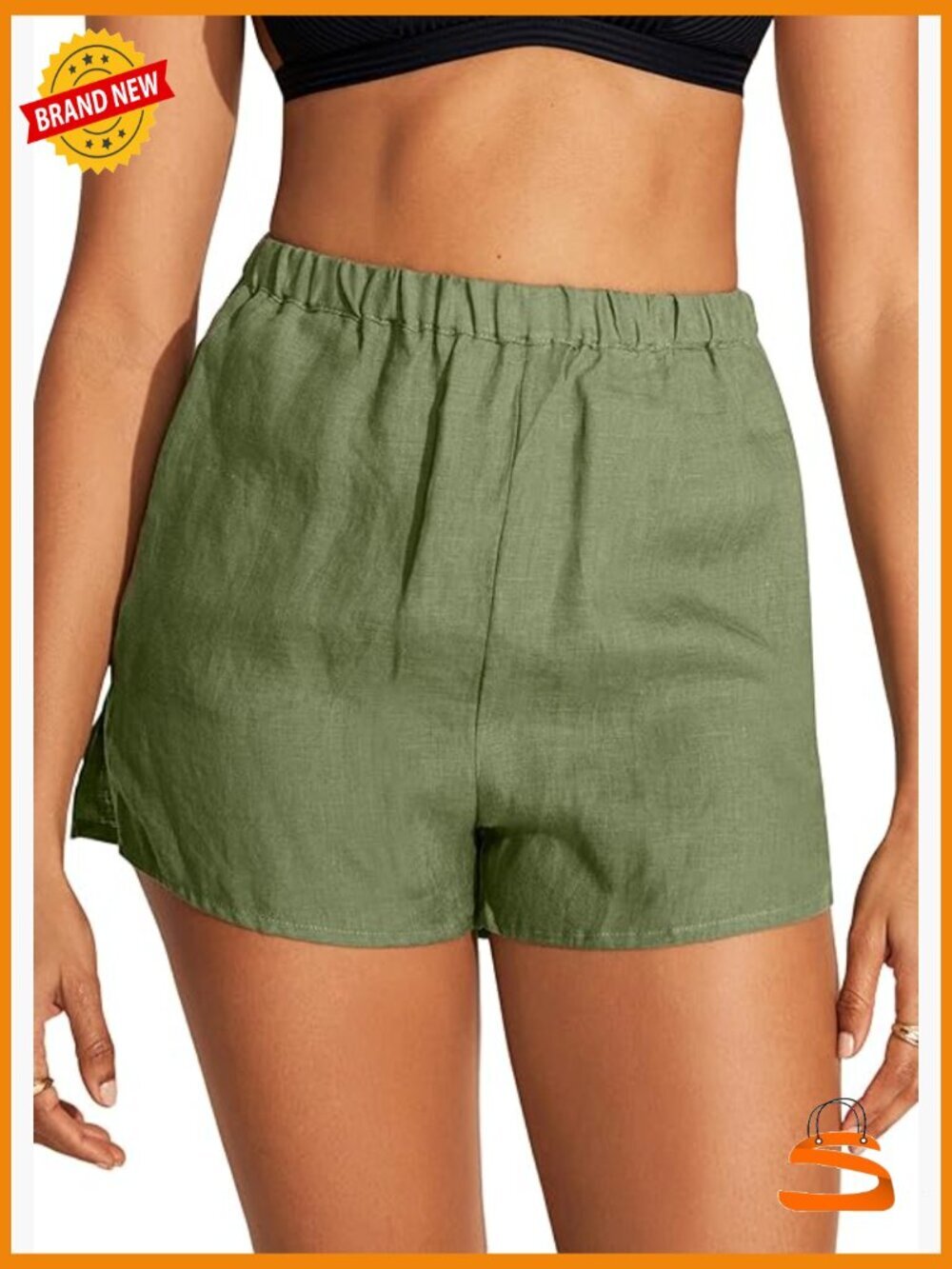 Linen Short Swimsuit Cover Up Elastic Waist Side Vents